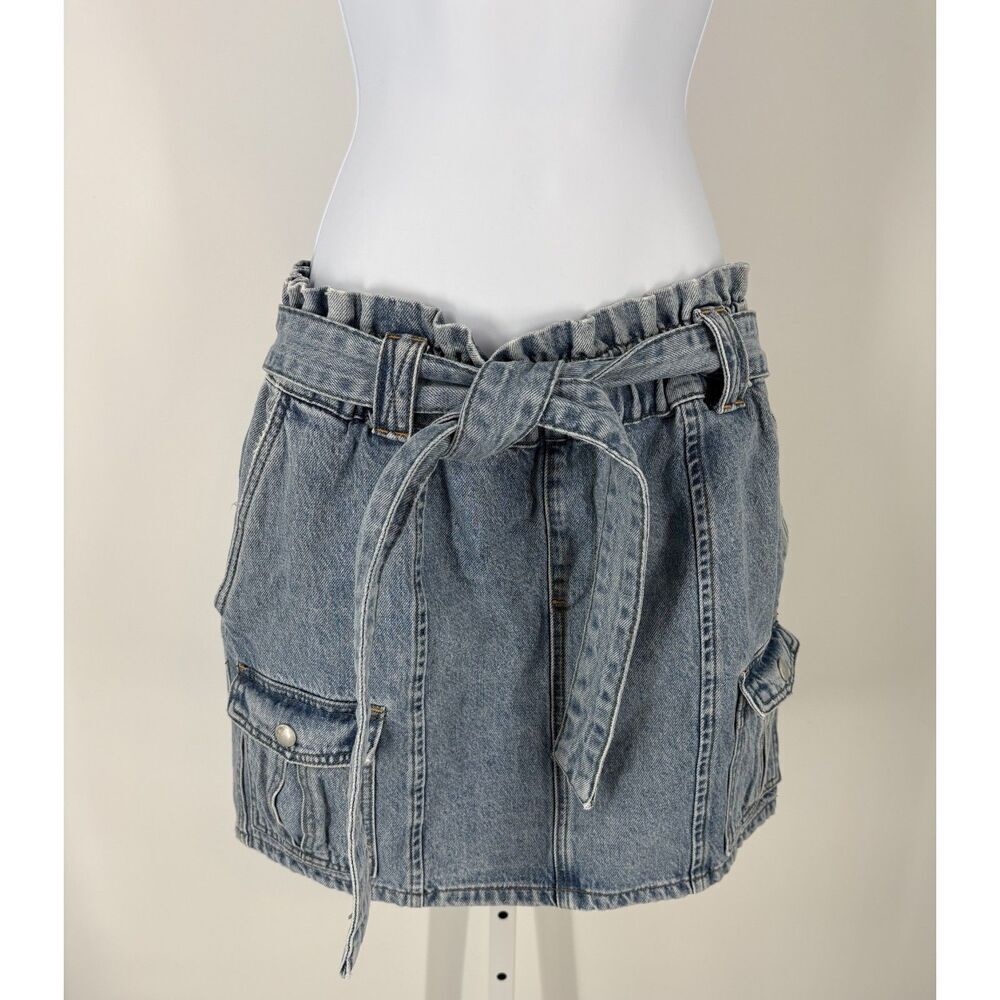 Denim Paperbag Waist Mini Skirt | Belted Jean Skirt with Cargo Pockets